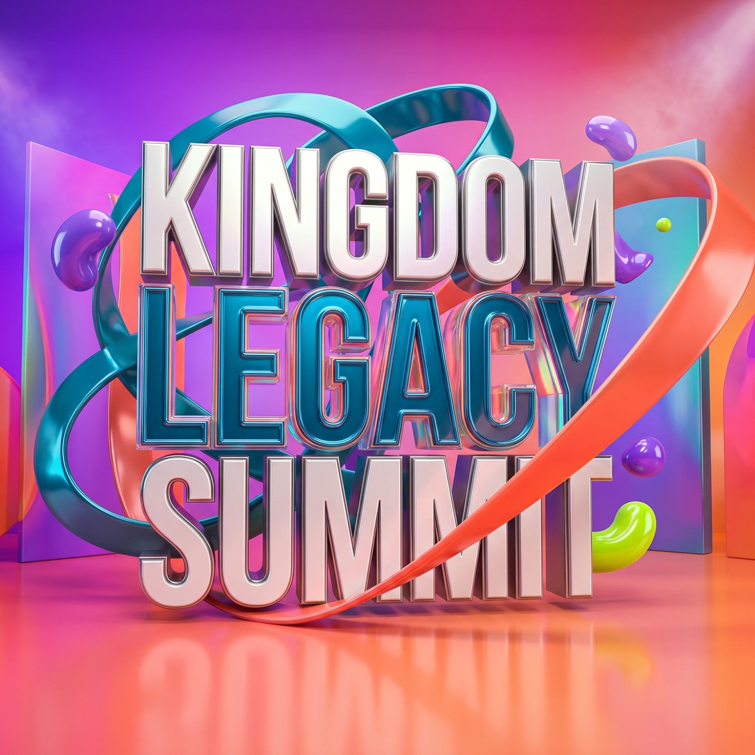 Kingdom Legacy Summit in sculptural silver and teal lettering, surrounded by vibrant purple, coral and teal ribbons